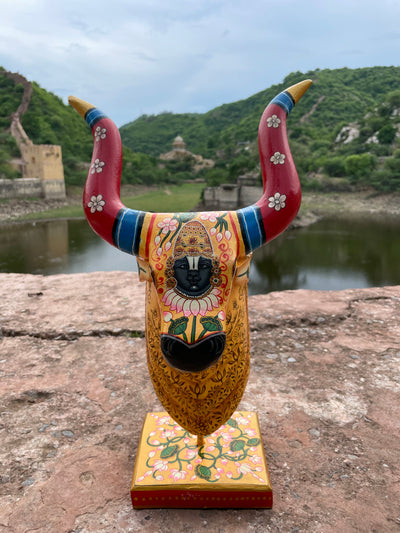 20 inches Hand Painted Wooden Cow/Nandi face on a stand