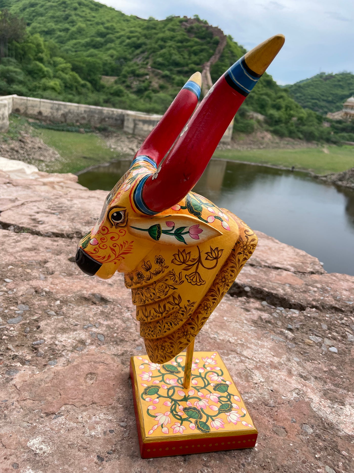 20 inches Hand Painted Wooden Cow/Nandi face on a stand