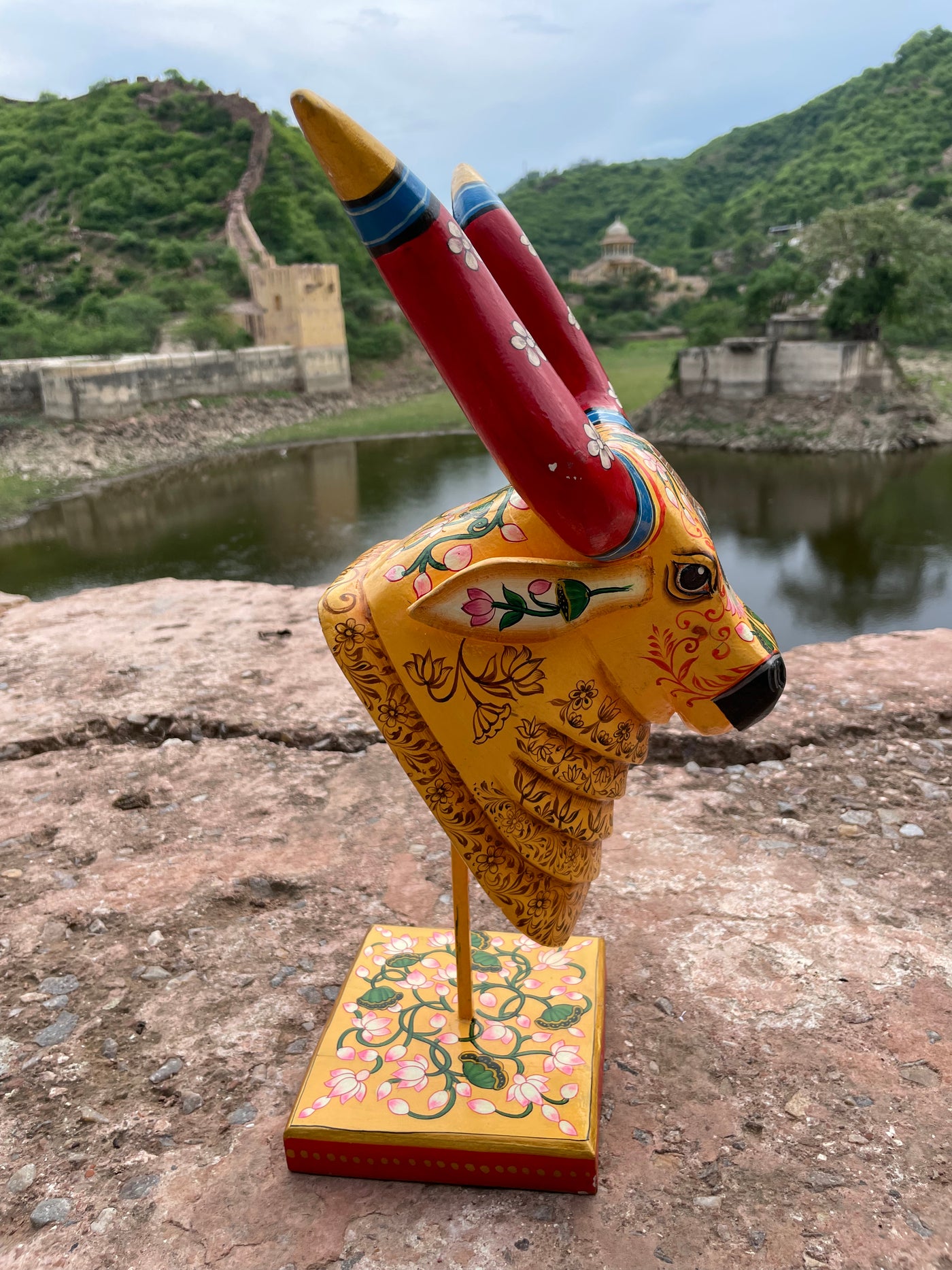 20 inches Hand Painted Wooden Cow/Nandi face on a stand