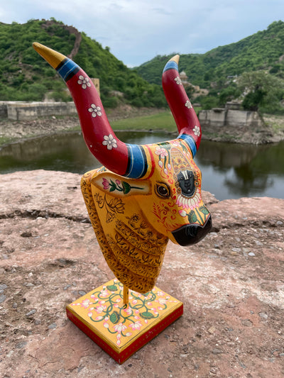 20 inches Hand Painted Wooden Cow/Nandi face on a stand