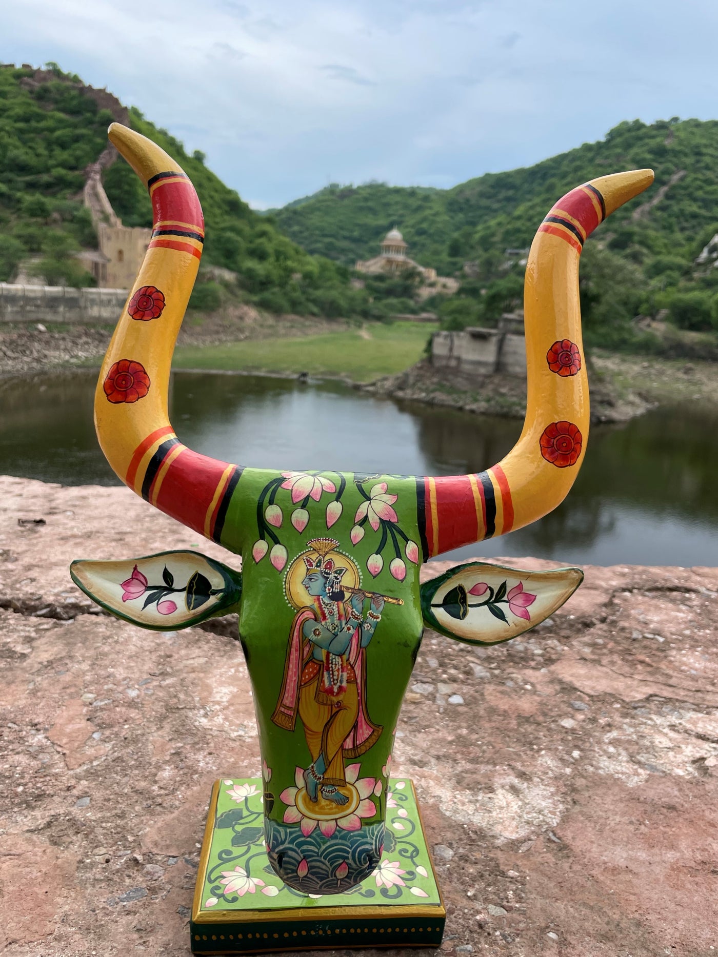 20 inches Hand Painted Wooden Cow/Nandi face on a stand