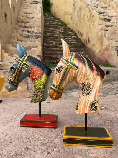 Hand Painted Wooden horse face on a stand