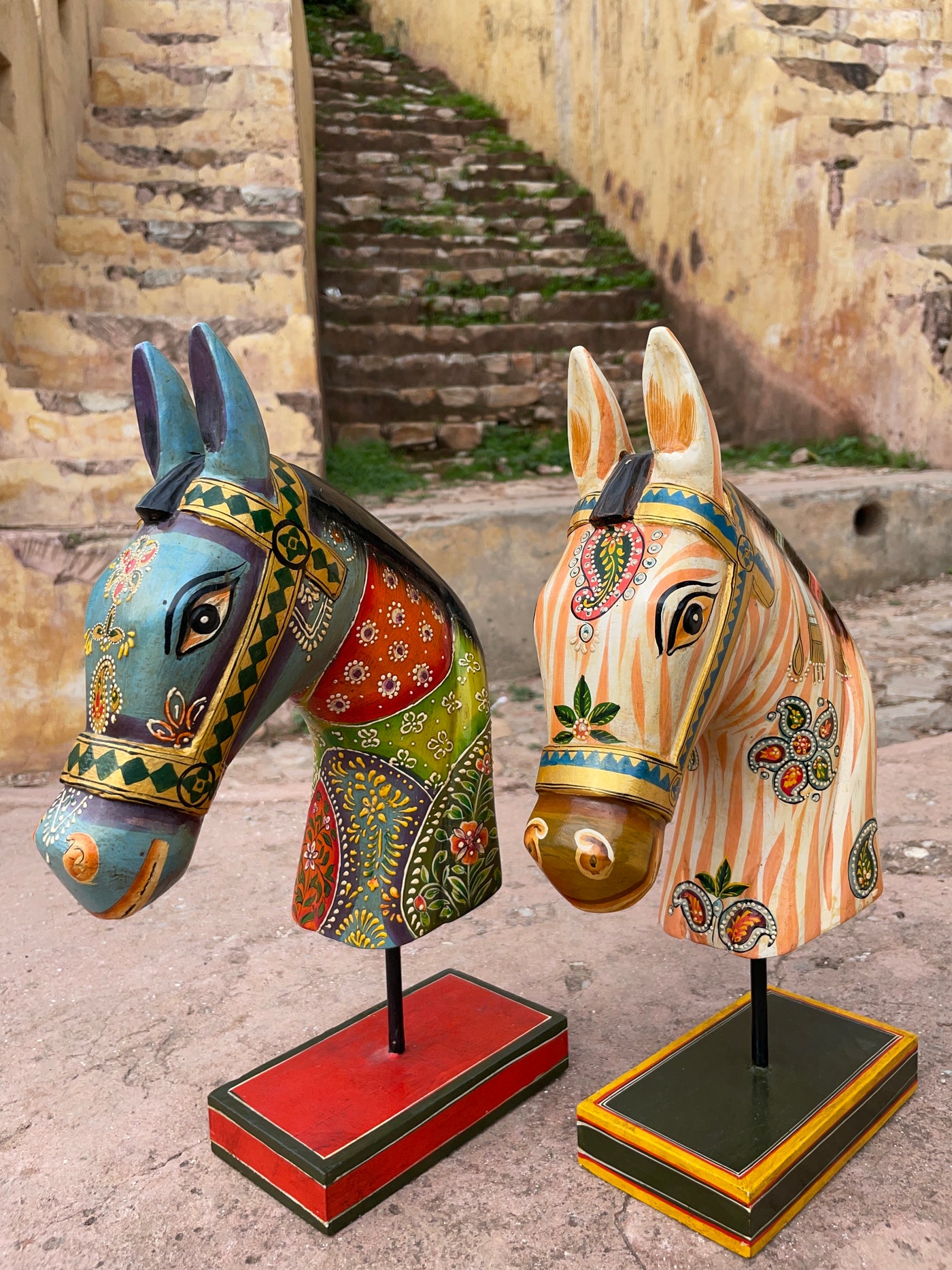 Hand Painted Wooden horse face on a stand