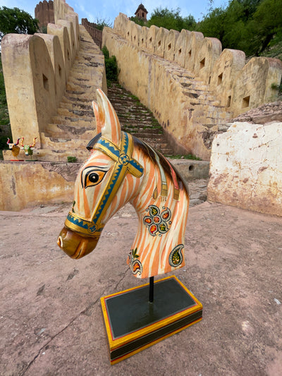 Hand Painted Wooden horse face on a stand