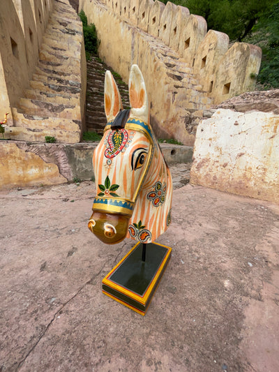 Hand Painted Wooden horse face on a stand