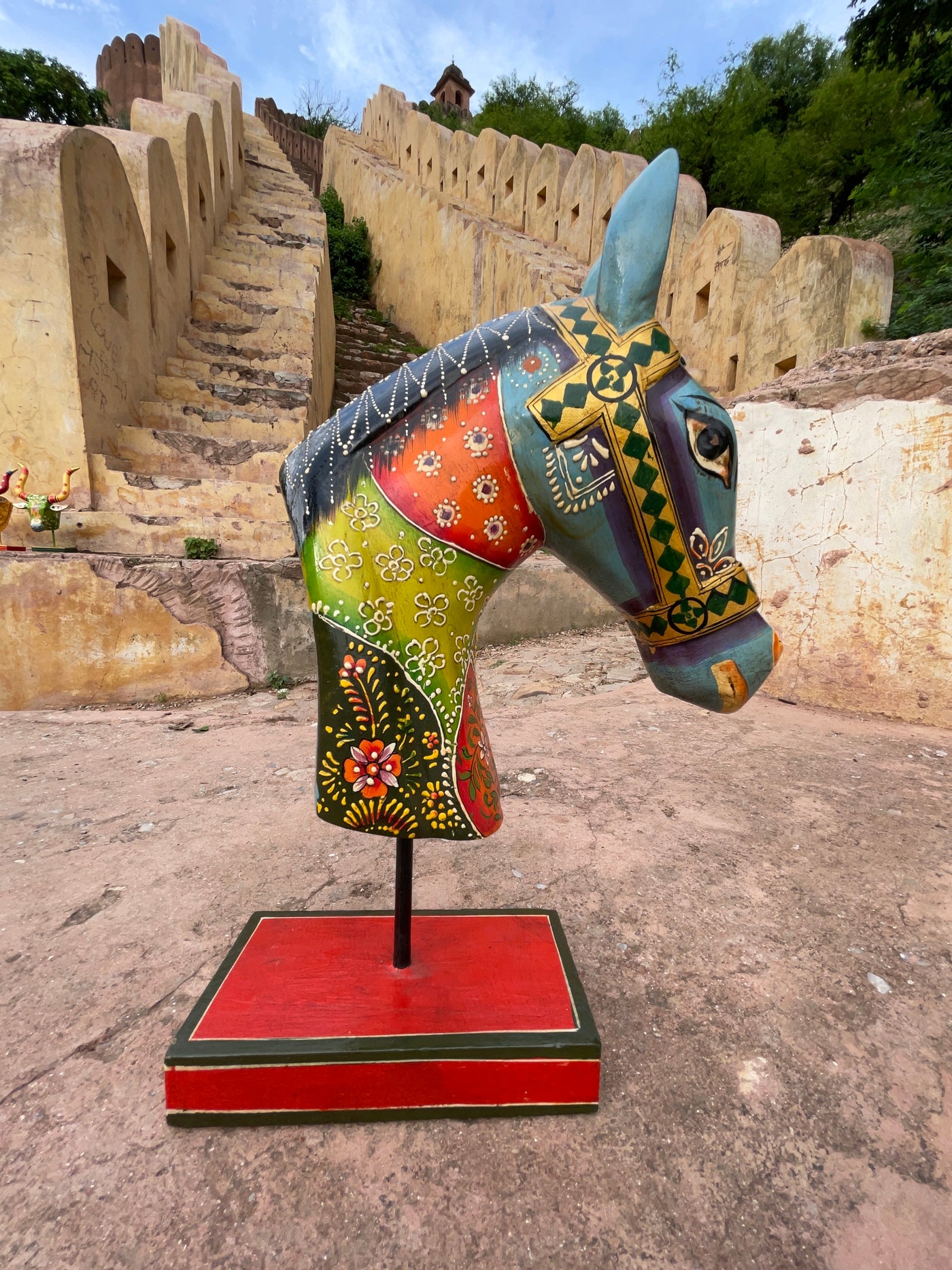 Hand Painted Wooden horse face on a stand