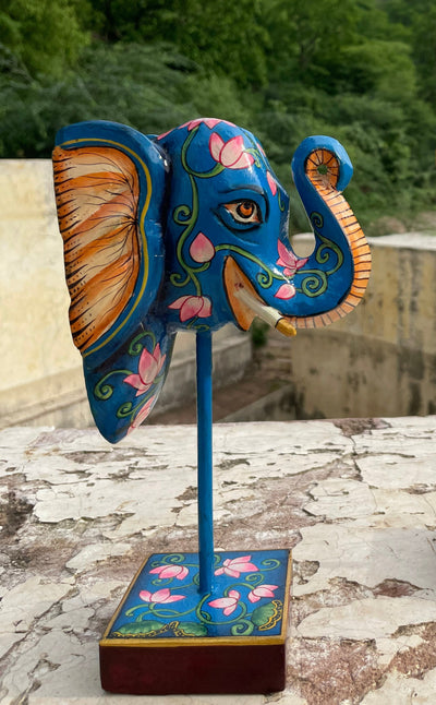 Hand Painted Wooden Elephant face on a stand