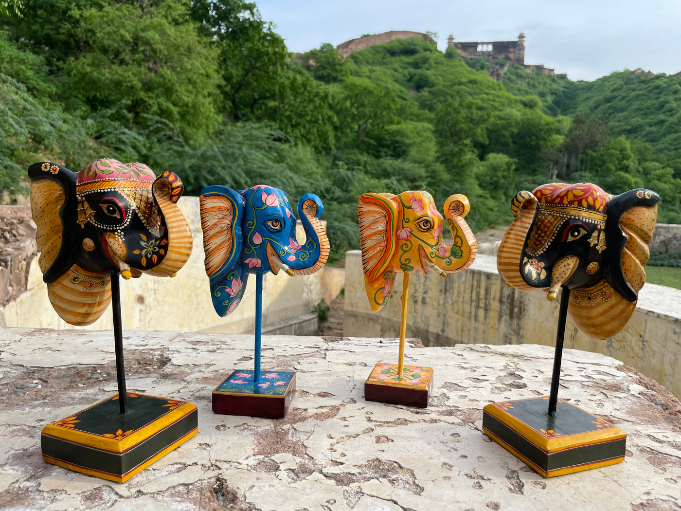 Hand Painted Wooden Elephant face on a stand