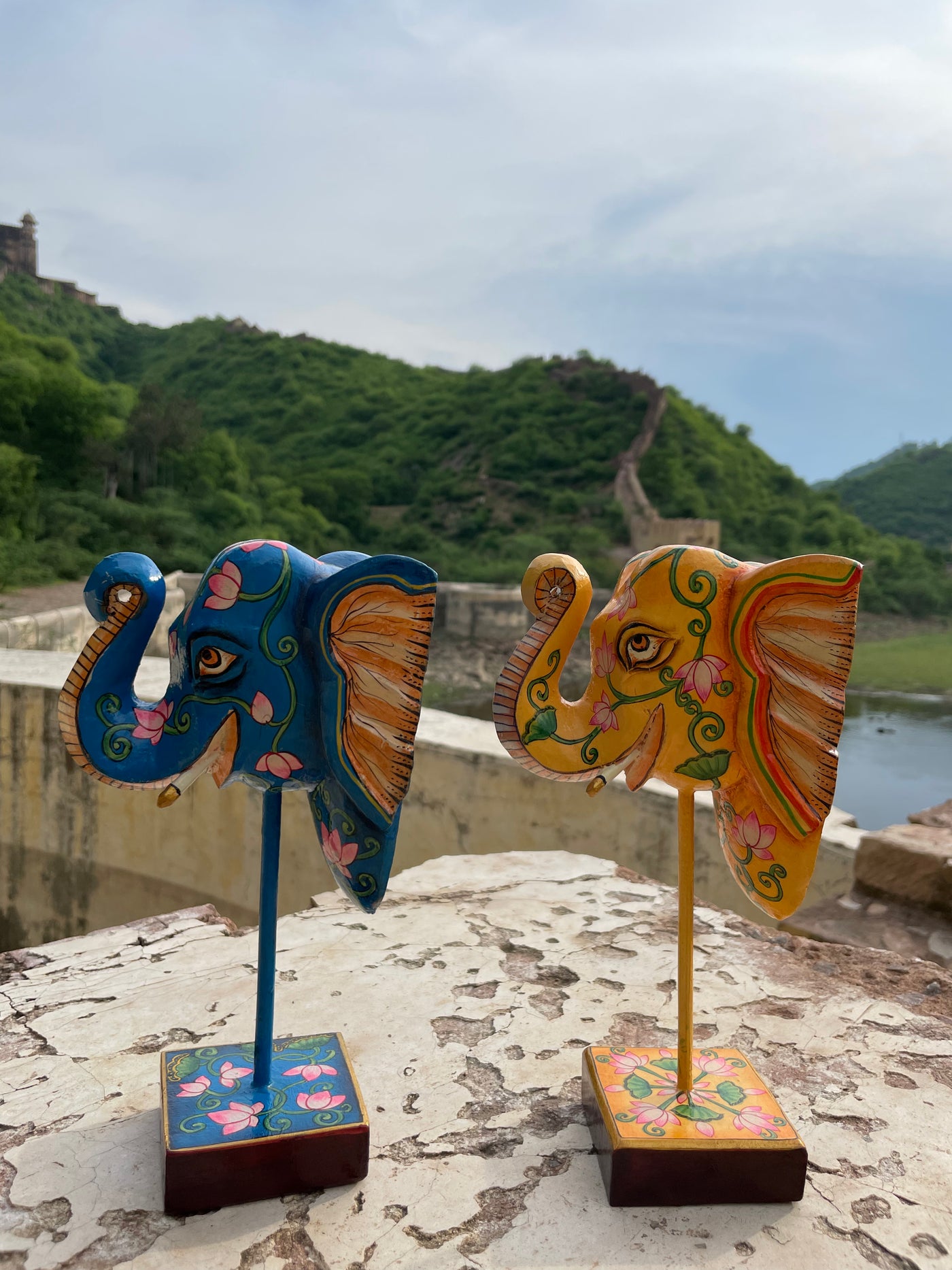 Hand Painted Wooden Elephant face on a stand