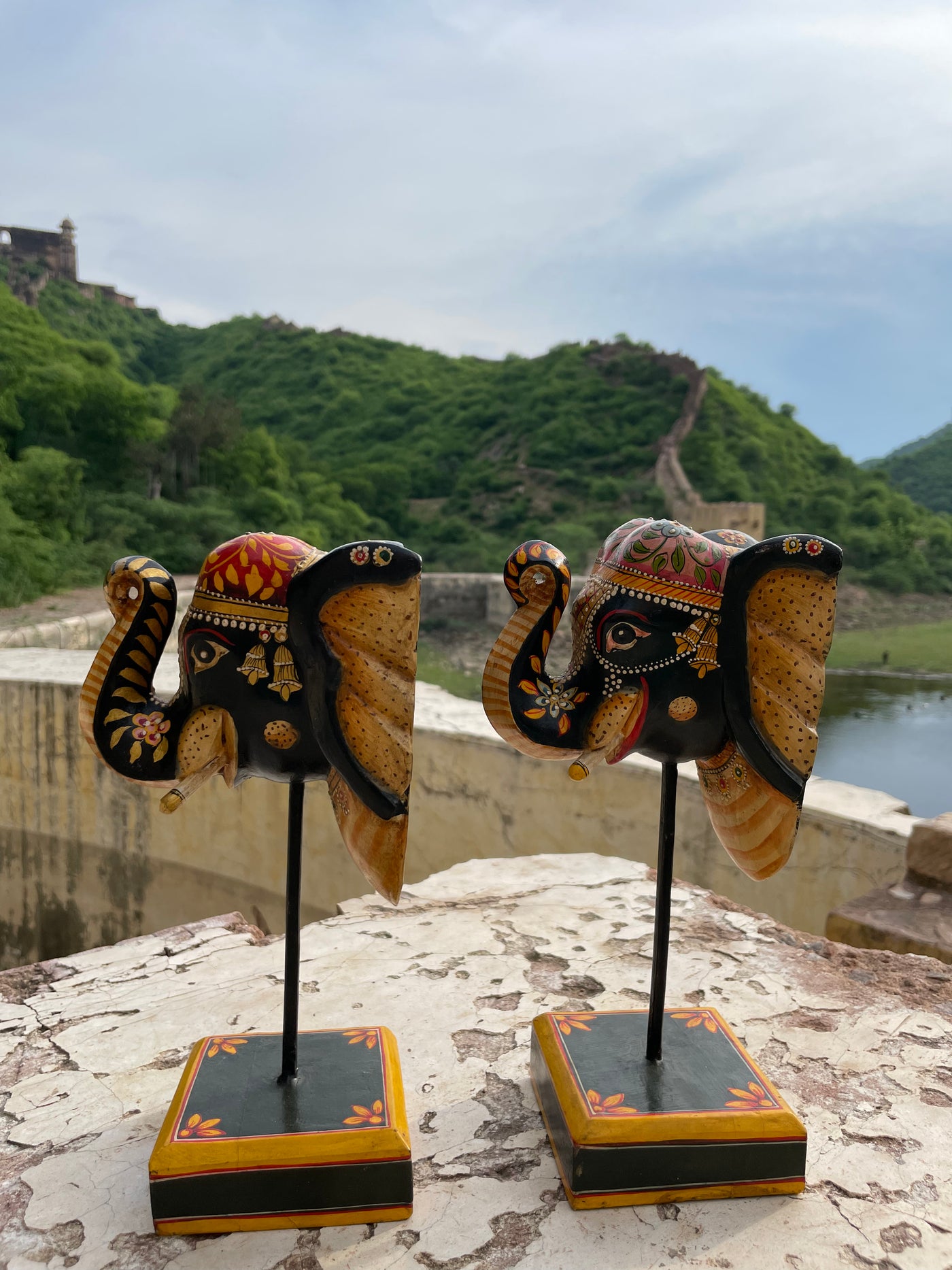 Hand Painted Wooden Elephant face on a stand