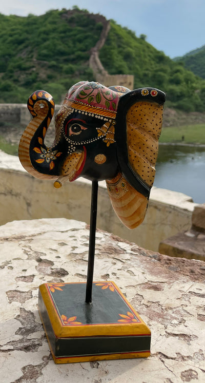 Hand Painted Wooden Elephant face on a stand