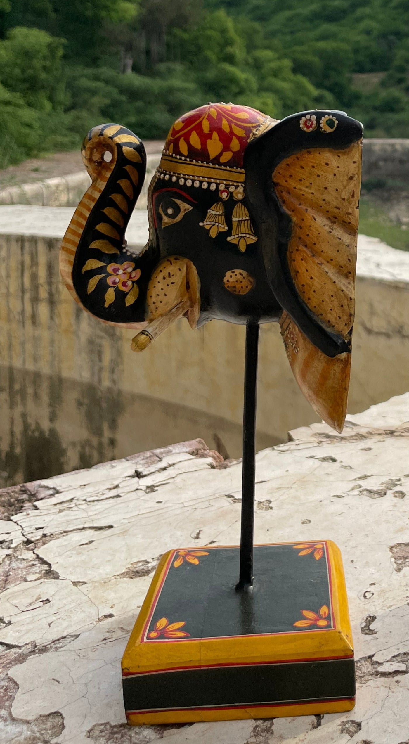 Hand Painted Wooden Elephant face on a stand