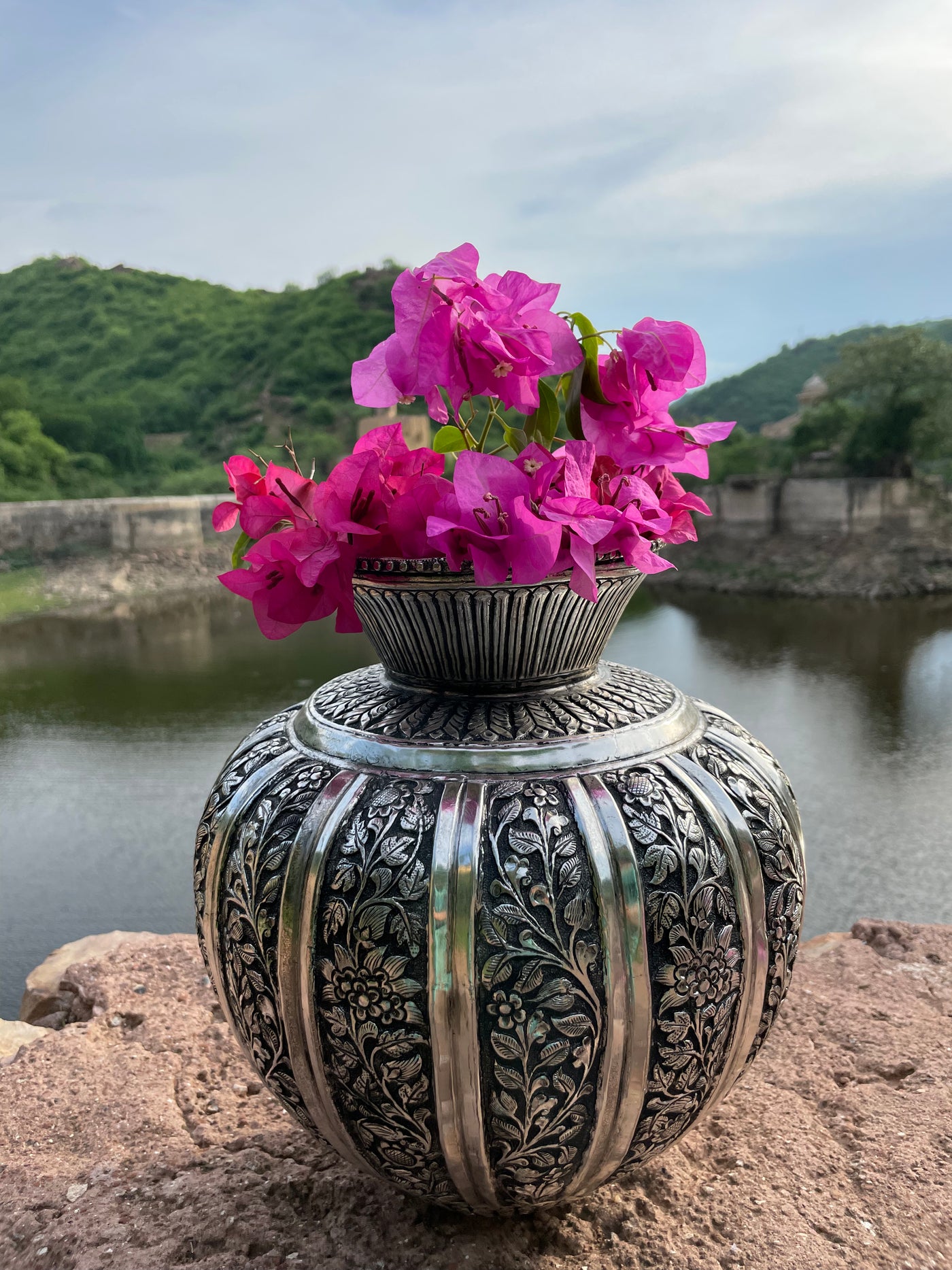 Copper Silver Hand Carved Vase with floral motifs