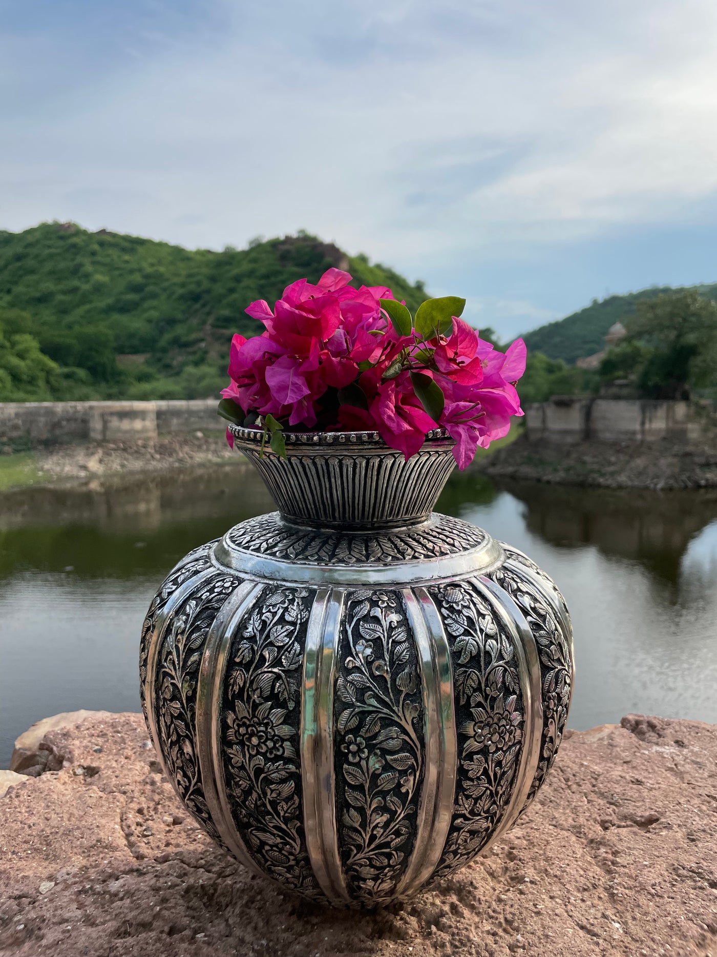 Copper Silver Hand Carved Vase with floral motifs