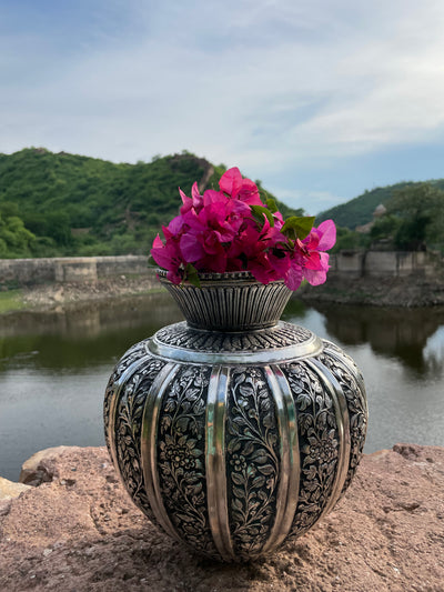 Copper Silver Hand Carved Vase with floral motifs