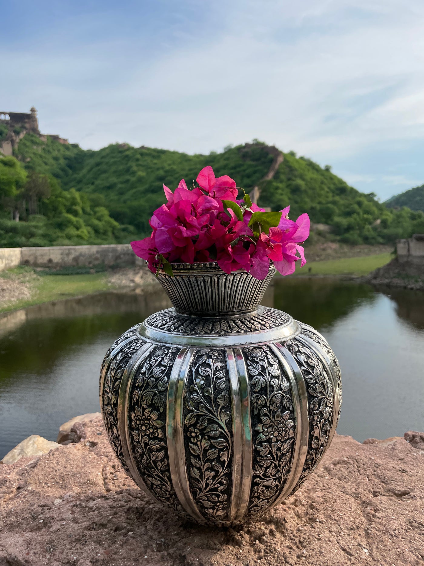 Copper Silver Hand Carved Vase with floral motifs