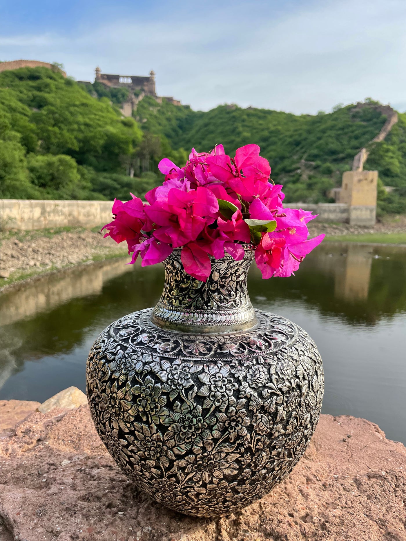 Copper Silver Hand Carved Vase with floral motifs