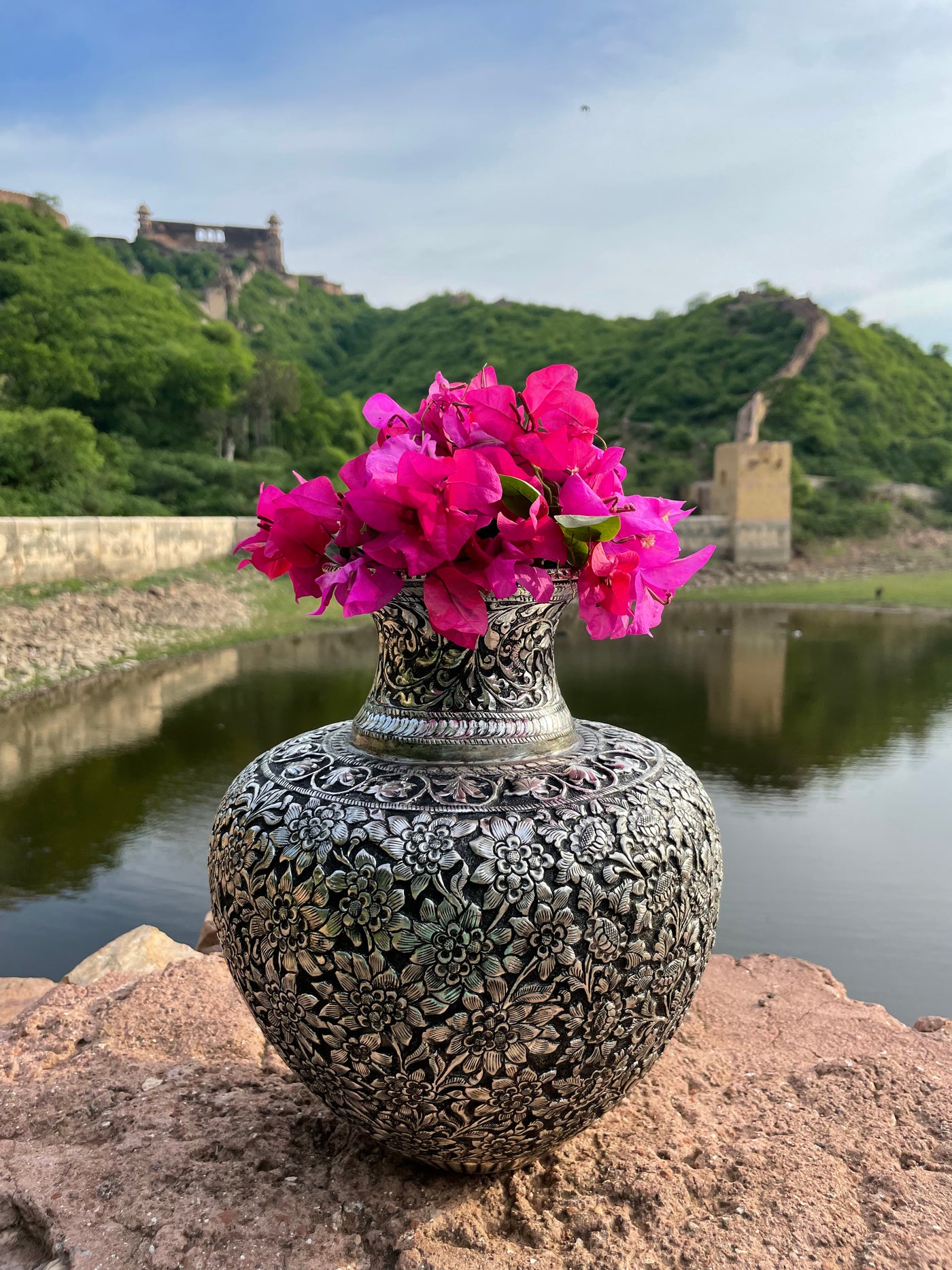 Copper Silver Hand Carved Vase with floral motifs