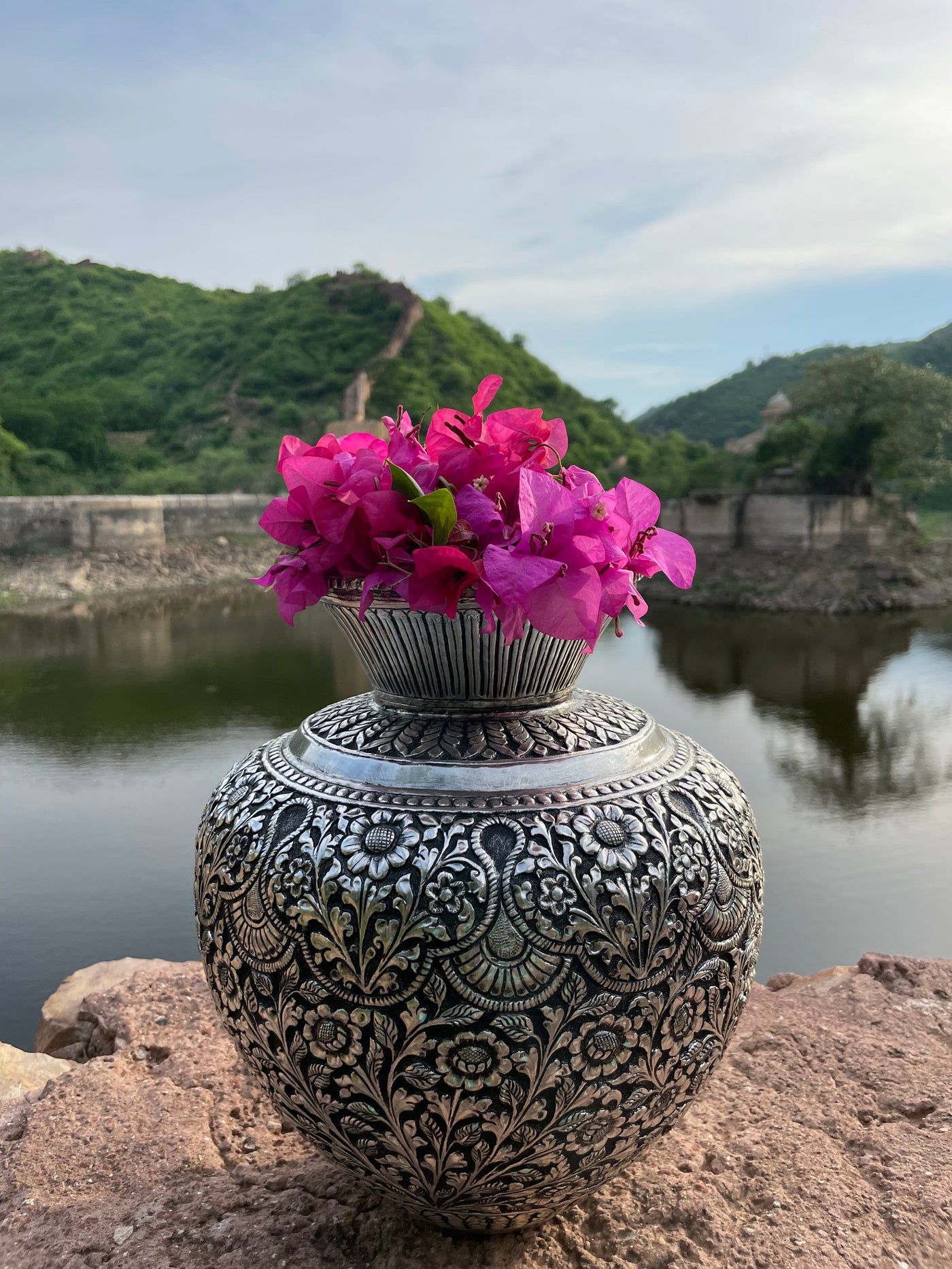 Copper Silver Hand Carved Vase with floral motifs