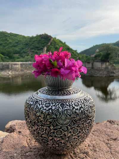 Copper Silver Hand Carved Vase with floral motifs