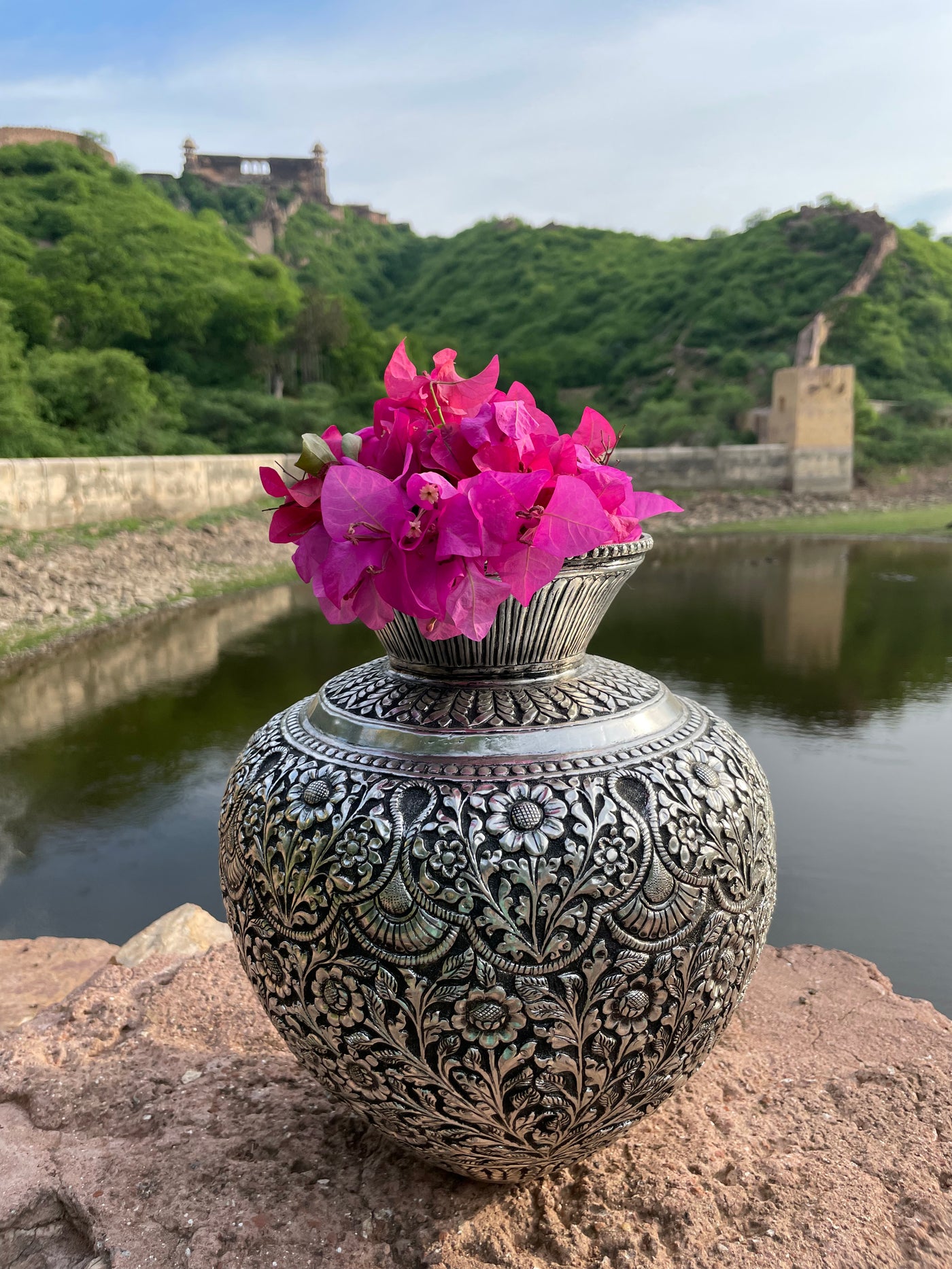 Copper Silver Hand Carved Vase with floral motifs