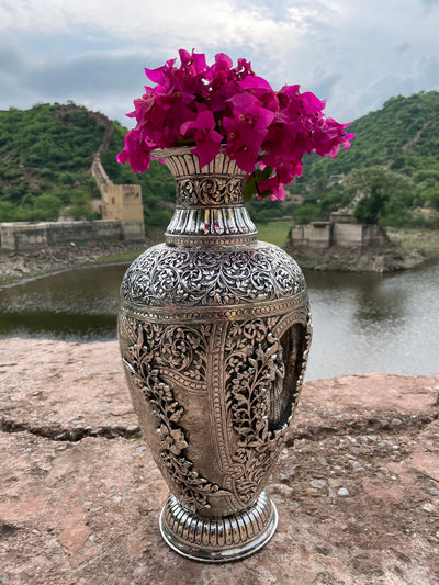 Silver Hand Carved Vase depicting Radha and Krishna