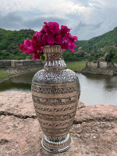 Silver Hand Carved Vase depicting Radha and Krishna