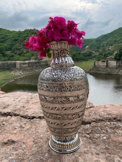 Silver Hand Carved Vase depicting Radha and Krishna