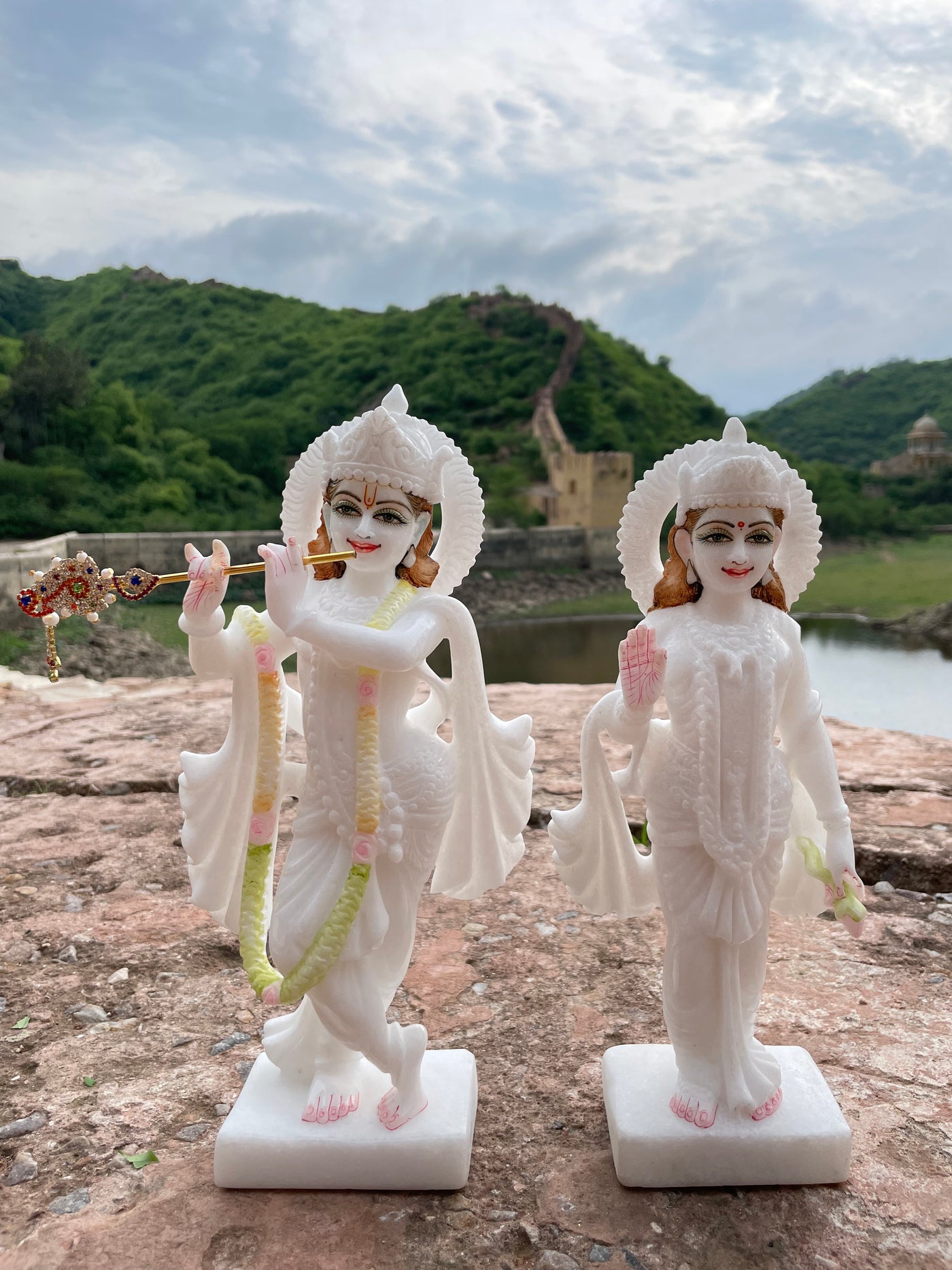 12 inches Radha Krishna pair idols in White Marble