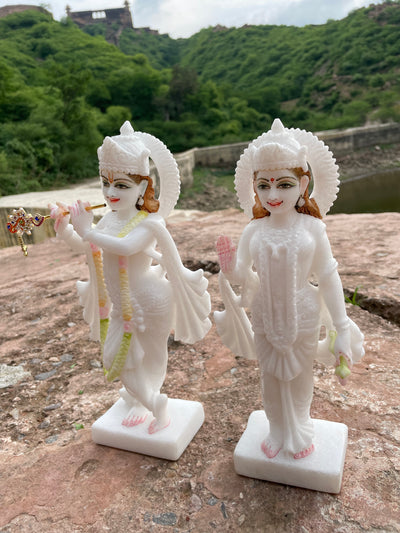 12 inches Radha Krishna pair idols in White Marble