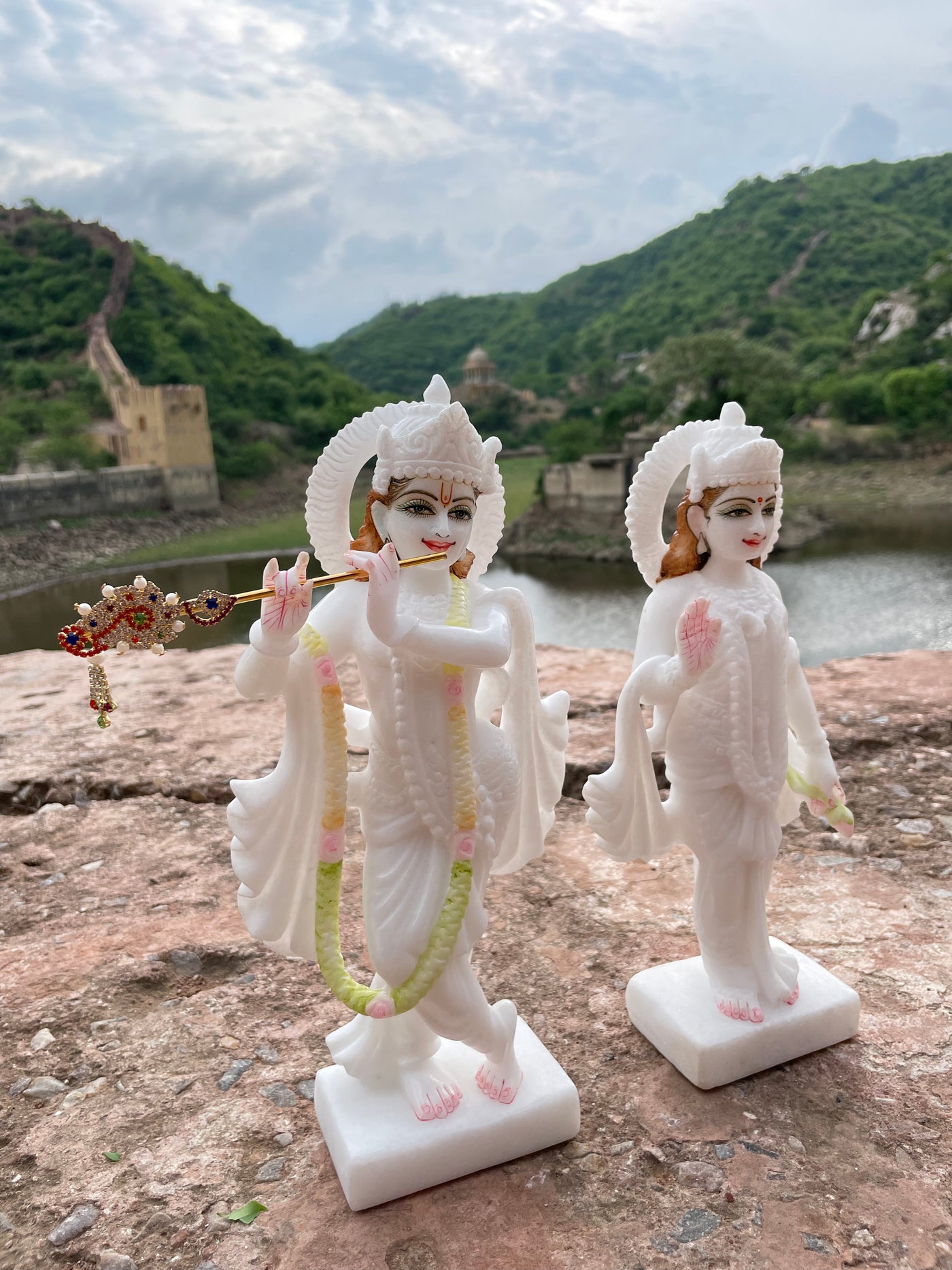 12 inches Radha Krishna pair idols in White Marble