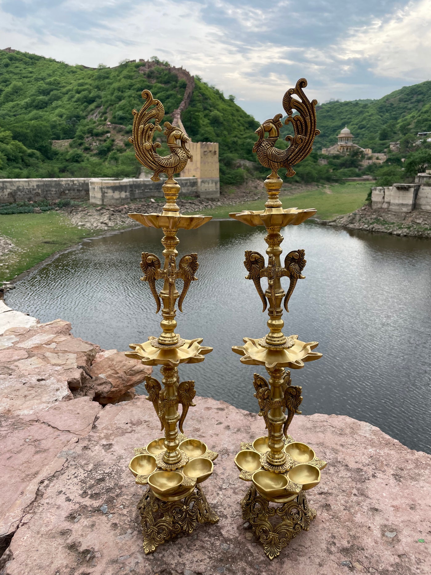 Set of 2 Peacock-Shaped Brass Oil Lamps | Durable Diyas for Pooja and Festivals