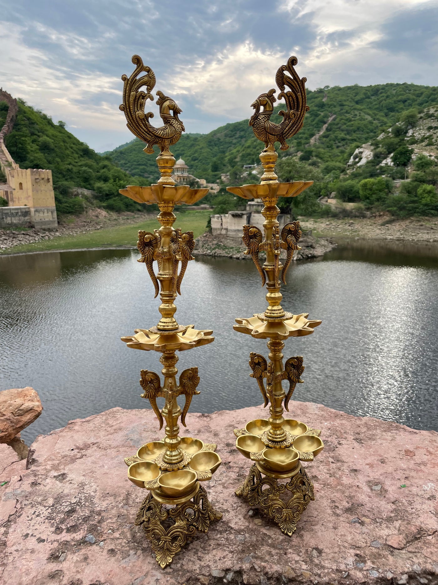 Set of 2 Peacock-Shaped Brass Oil Lamps | Durable Diyas for Pooja and Festivals