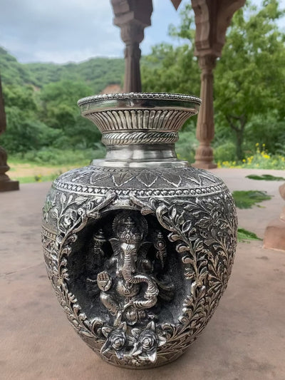 Silver Hand Carved Vase depicting Lord Ganesha and Goddess Laxmi