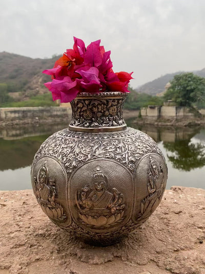 Silver Hand Carved Vase depicting Goddess Laxmi