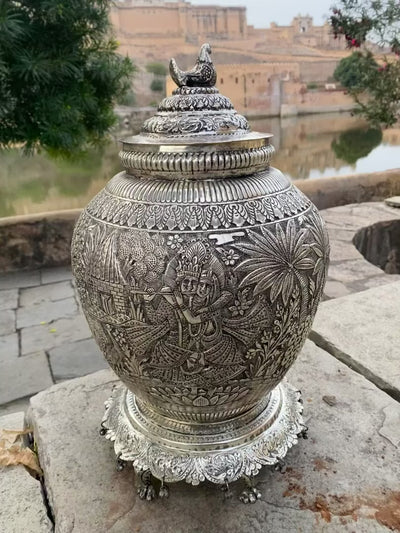 Silver Hand Carved Vase depicting Radha and Krishna