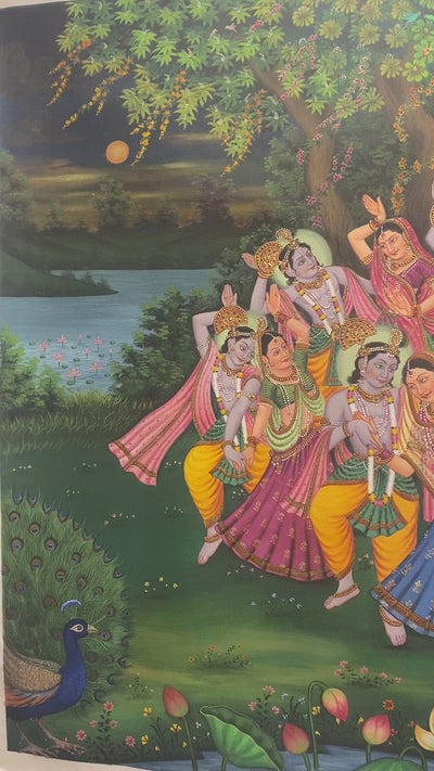 Radha and Krishna surrounded by Gopis- Hand Made Canvas Painting embossed with real gold leaf