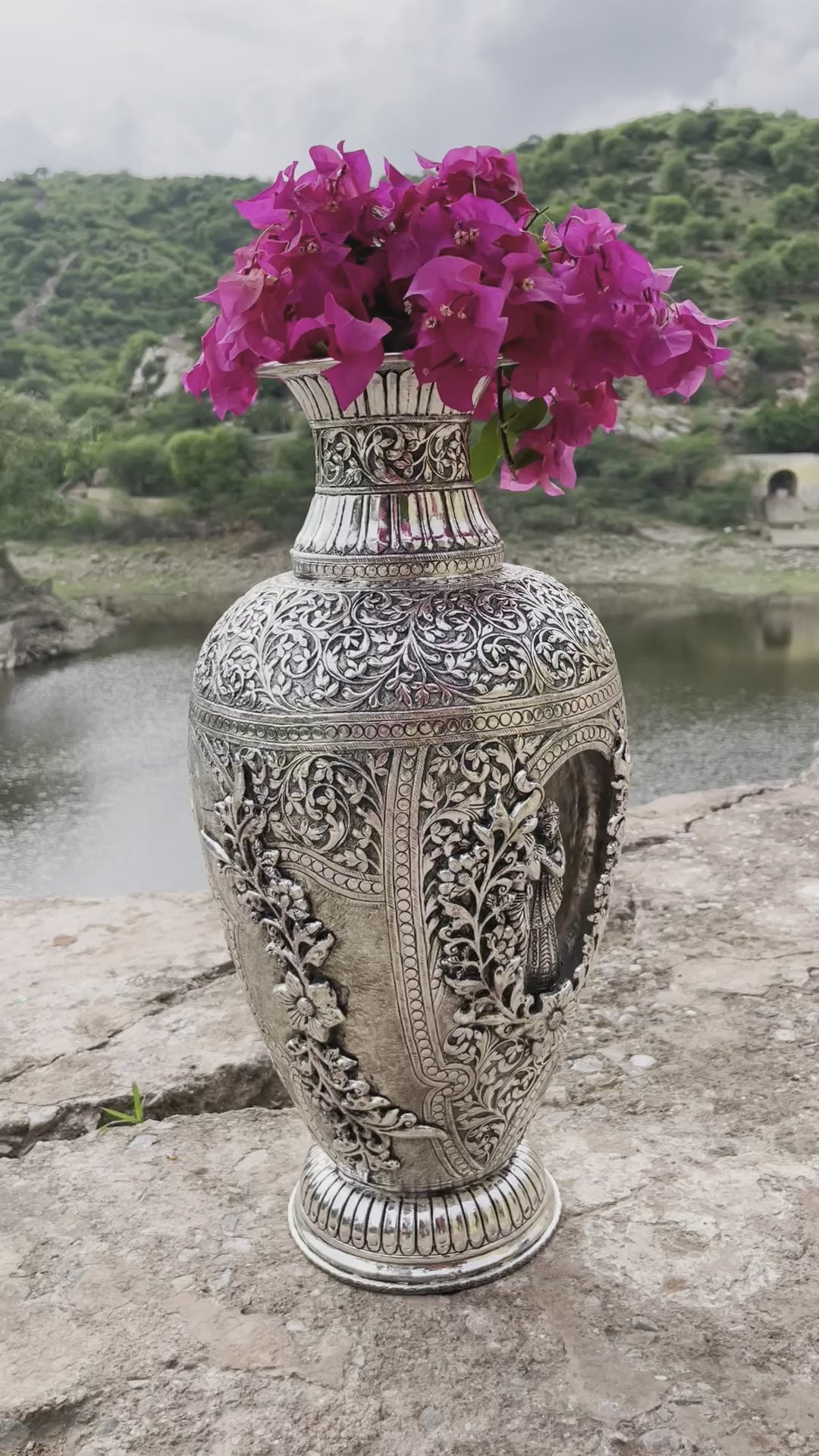 Silver Hand Carved Vase depicting Radha and Krishna