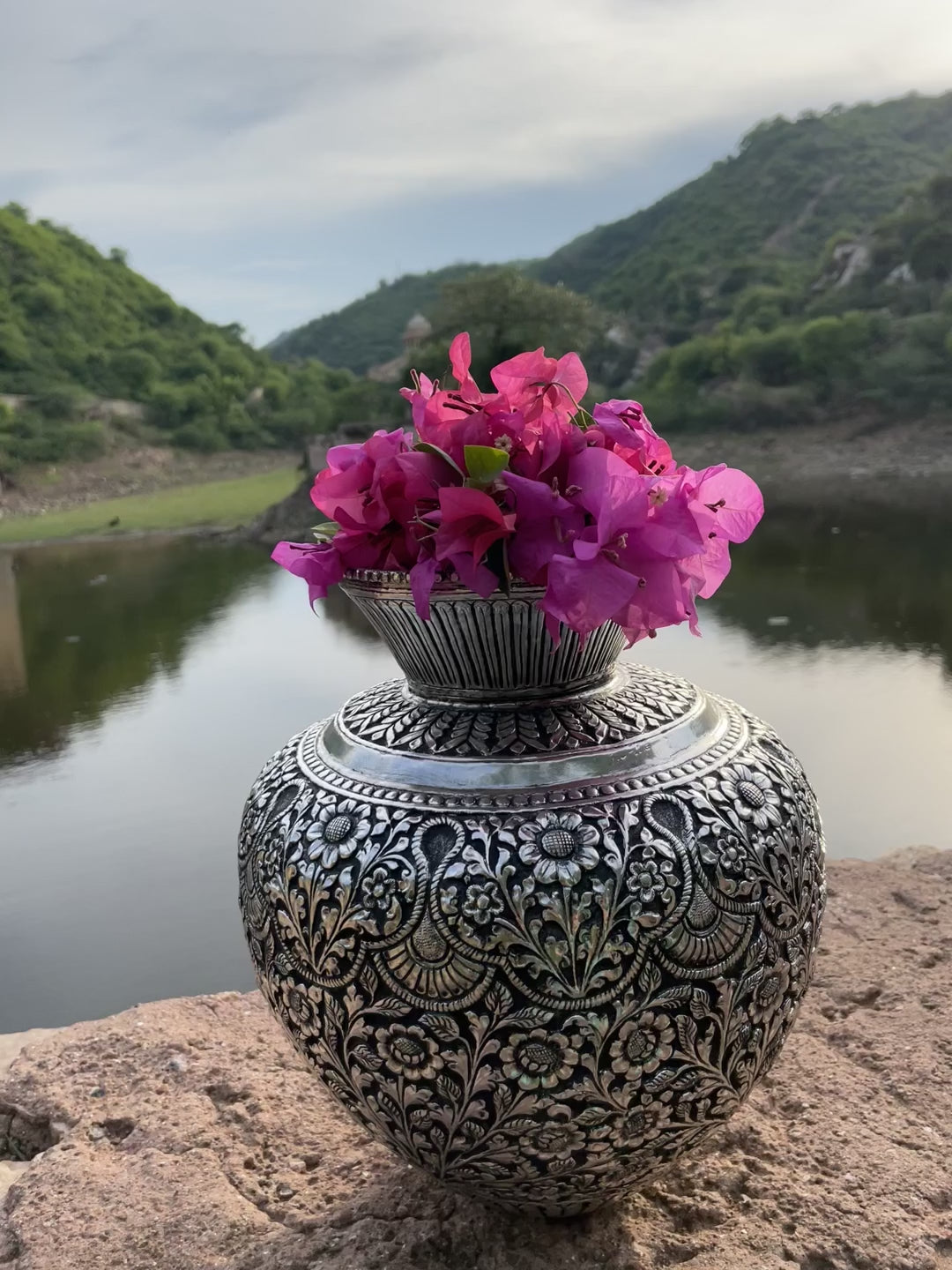 Copper Silver Hand Carved Vase with floral motifs