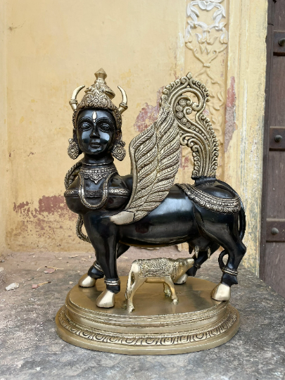 Handcrafted 18 Inches Kamdhenu Solid Brass Statue – Symbol of Prosperity and Abundance