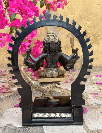 Handcrafted brass statue of Lord Murugan/Kartikeya on peacock