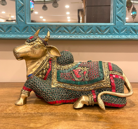 Handcrafted Nandi Statue Solid Brass with Stone work