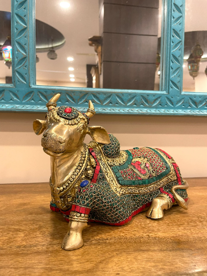 Handcrafted Nandi Statue Solid Brass with Stone work