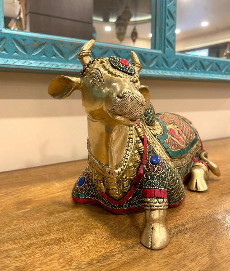 Handcrafted Nandi Statue Solid Brass with Stone work