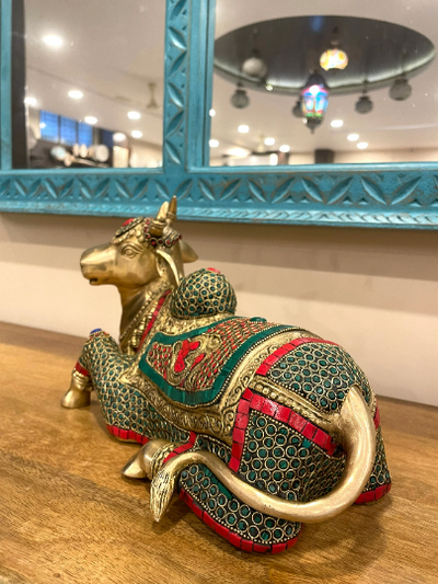 Handcrafted Nandi Statue Solid Brass with Stone work