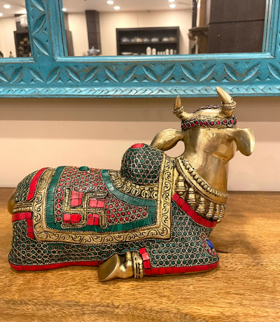 Handcrafted Nandi Statue Solid Brass with Stone work